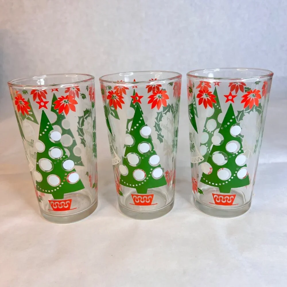 5 Vintage Hazel Atlas Tumblers Christmas Drinking Glasses Happy New Year 10 OZ‎